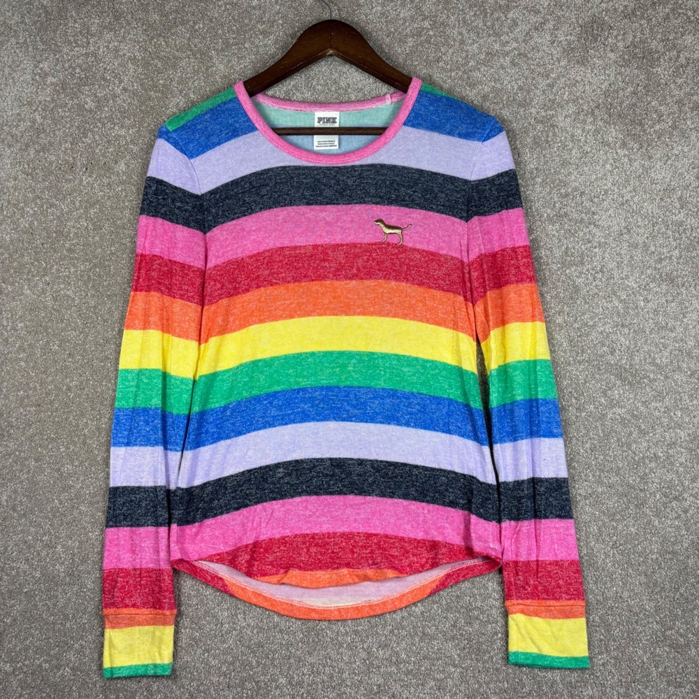 PINK Victoria's Secret Rainbow Striped Long Sleeve Sleep Shirt Small Y2K